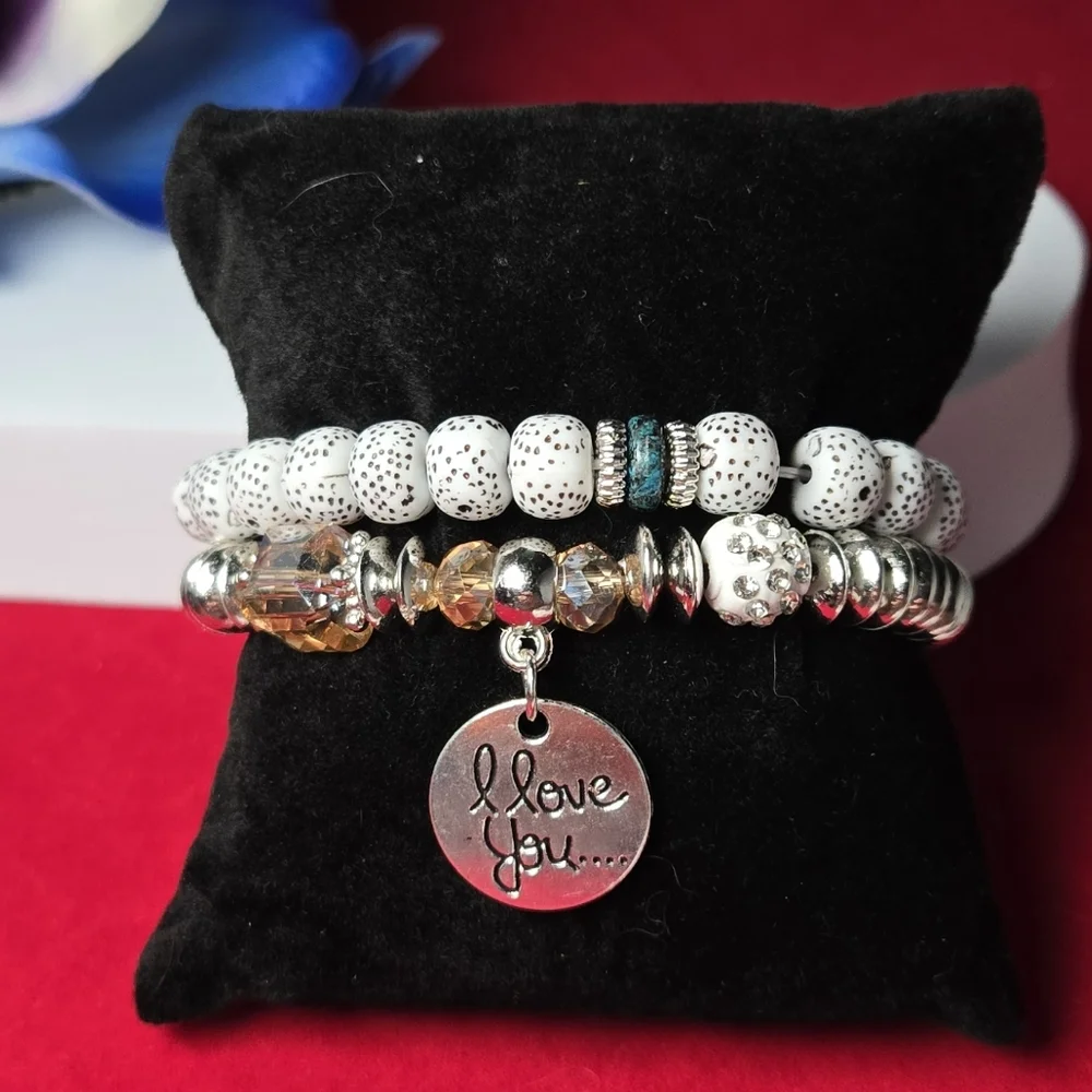 White & Silver Beaded Bracelet Set “I Love You” Charm – 2 Piece Stack Jewelry